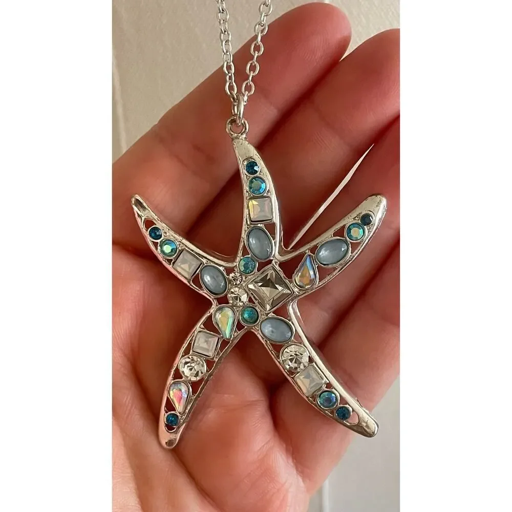 Long Silver Tone Necklace with a Starfish Pendant
